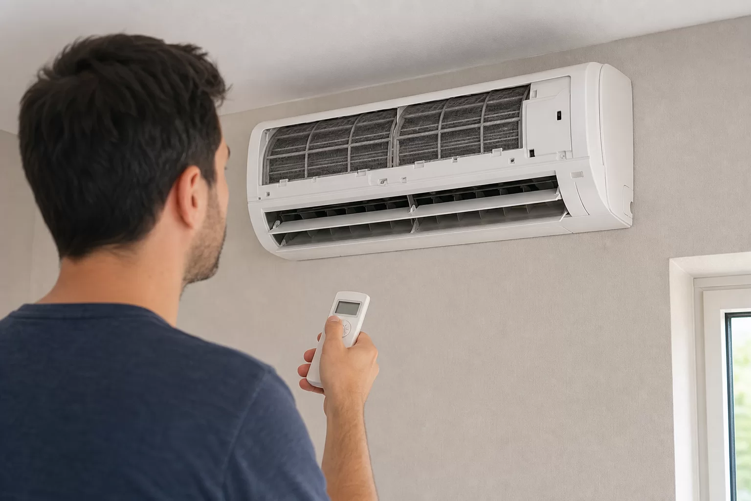 Hava üflemeyen split klimayı güvenli şekilde kontrol eden kullanıcı