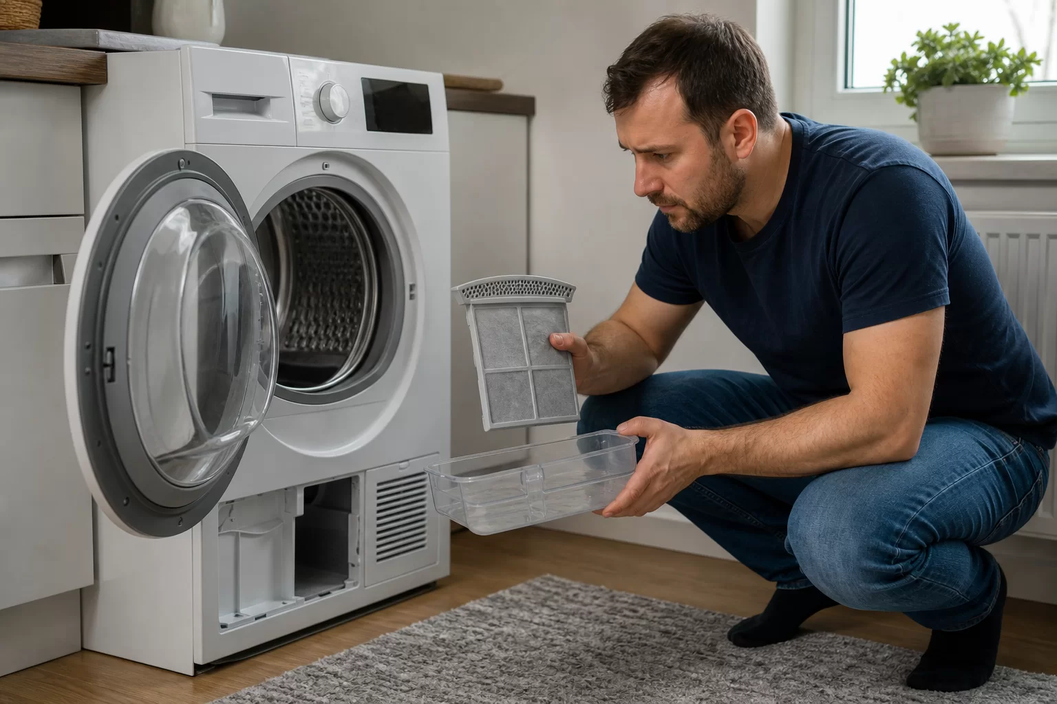 Fişi çekilmiş kurutma makinesinde filtre ve su haznesi kontrolü