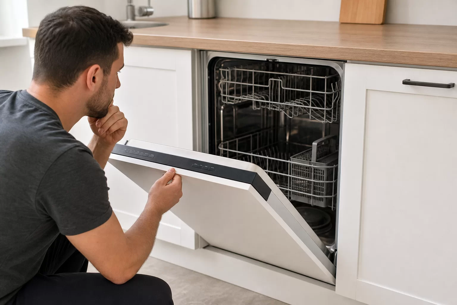 Çalışmayan bulaşık makinesinin kapak ve kontrol panelinin güvenli şekilde kontrol edilmesi