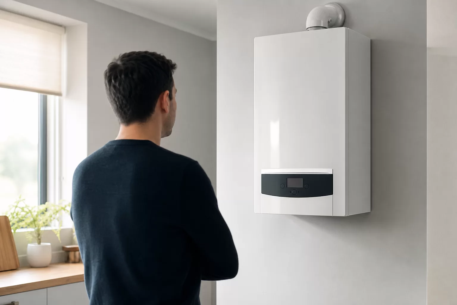Ateşleme yapmayan kombinin kapalı ön panelini kontrol eden kullanıcı