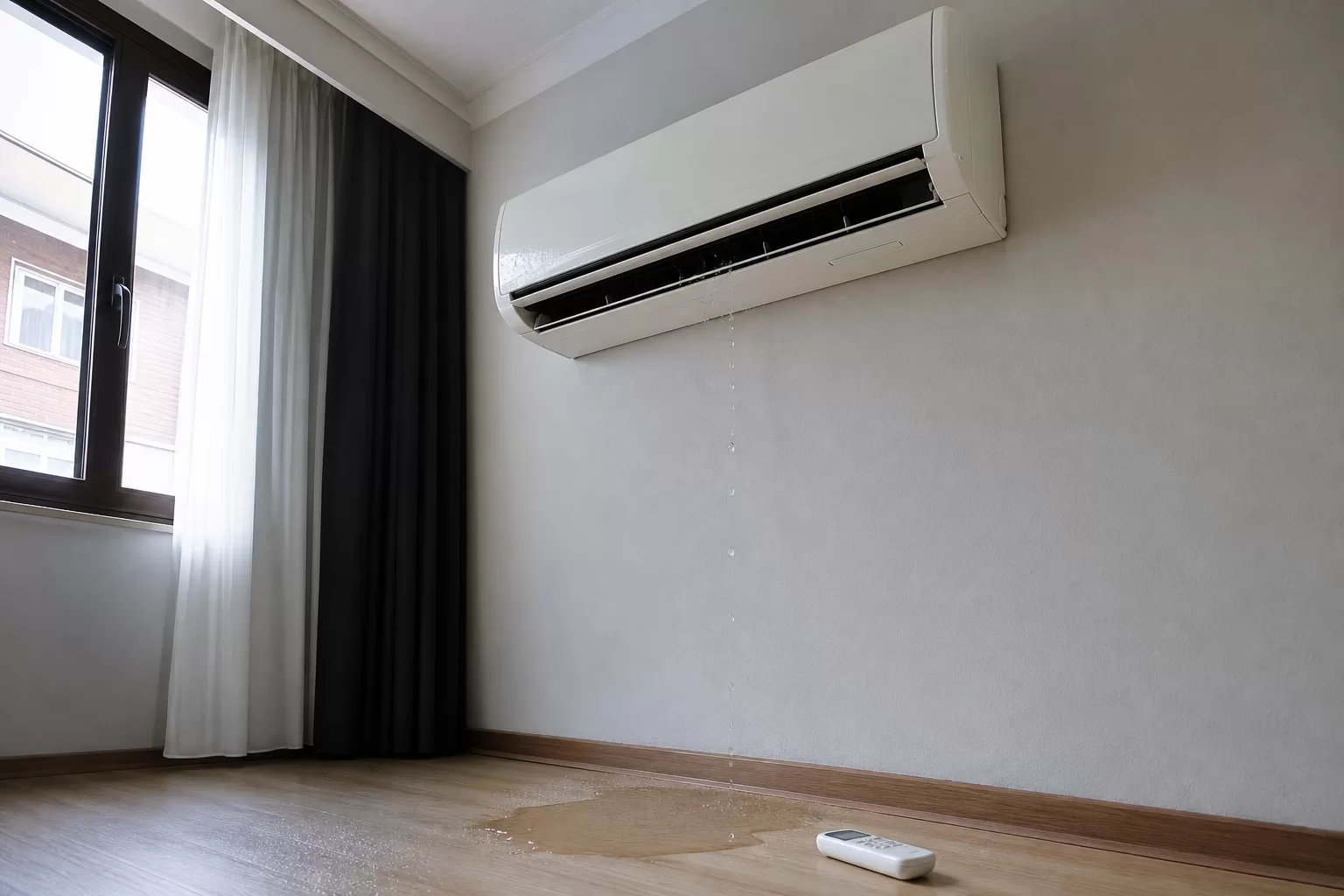 İç ünitesi su damlatan split klima ve zemindeki küçük su birikintisi