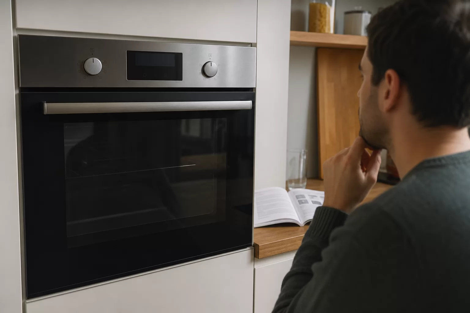 Çalışmayan ankastre fırının kapalı ekranı ve güvenli kontrol yapan kullanıcı