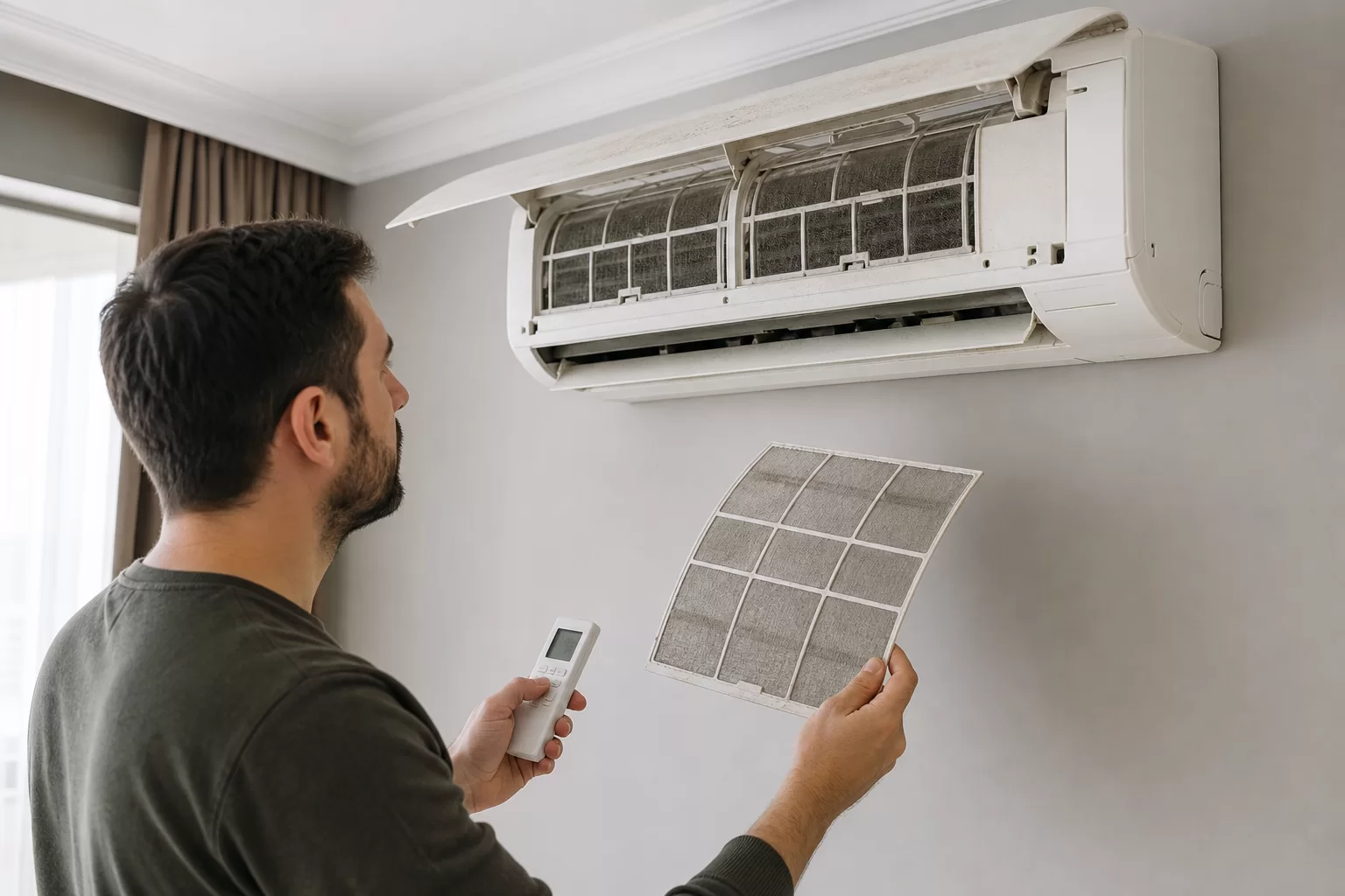 Üflemeyen split klimanın filtre ve kumanda kontrollerini yapan kullanıcı