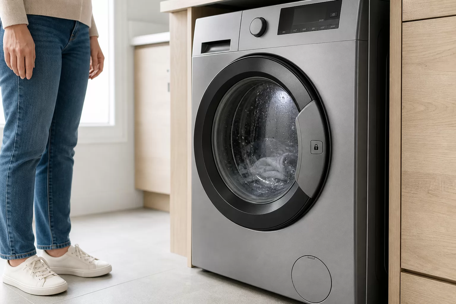 Kapağı açılmayan çamaşır makinesinin kilitli kapak ve kapak kolu bölümü