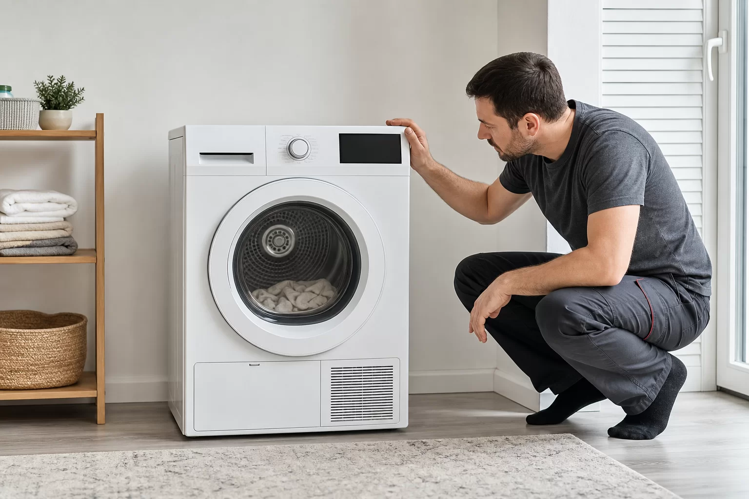 Tamburu dönmeyen kurutma makinesini güvenli biçimde kontrol eden kullanıcı