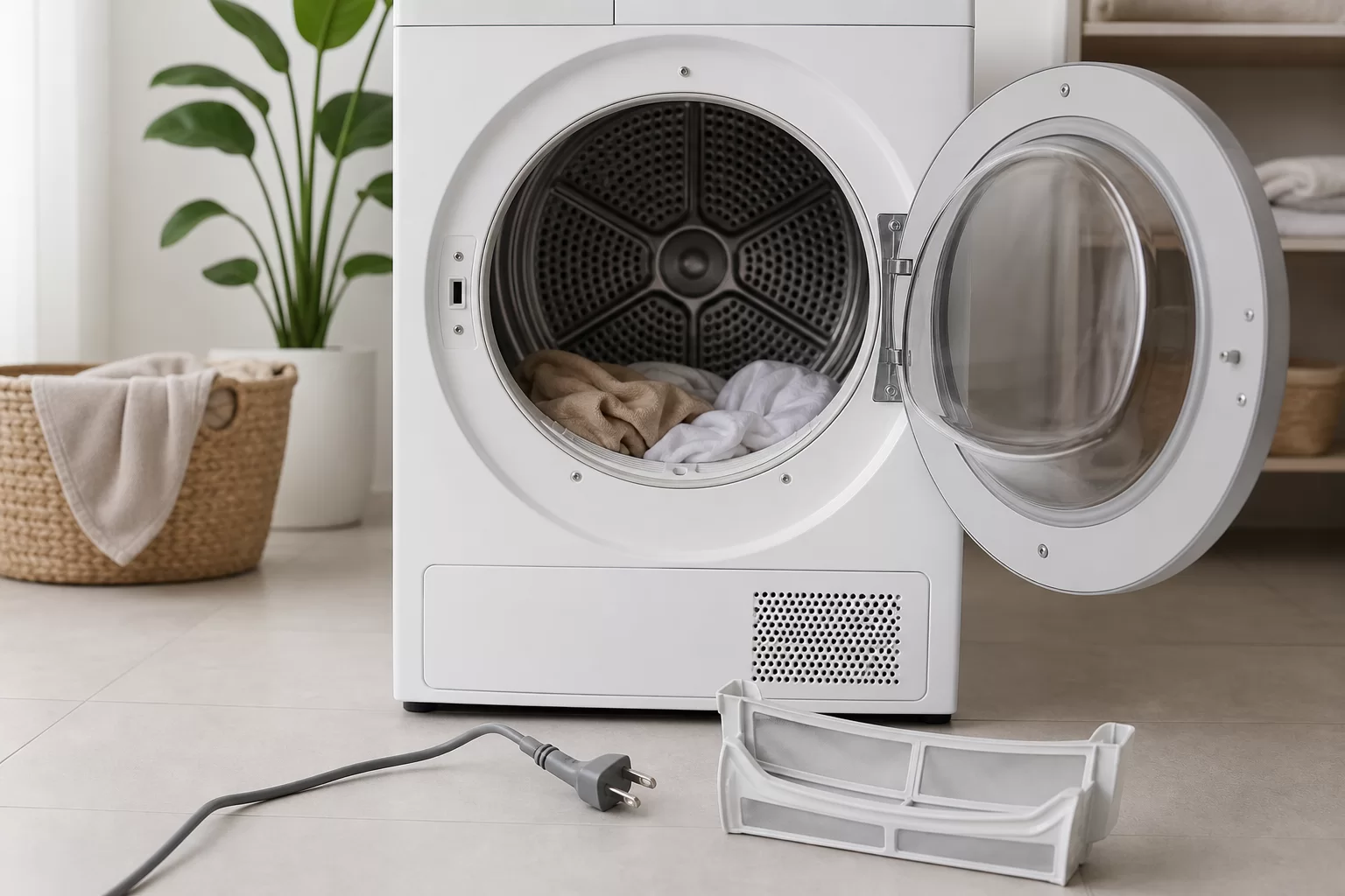 Tamburu dönmeyen kurutma makinesinin açık kapağı ve temizlenmiş filtresi