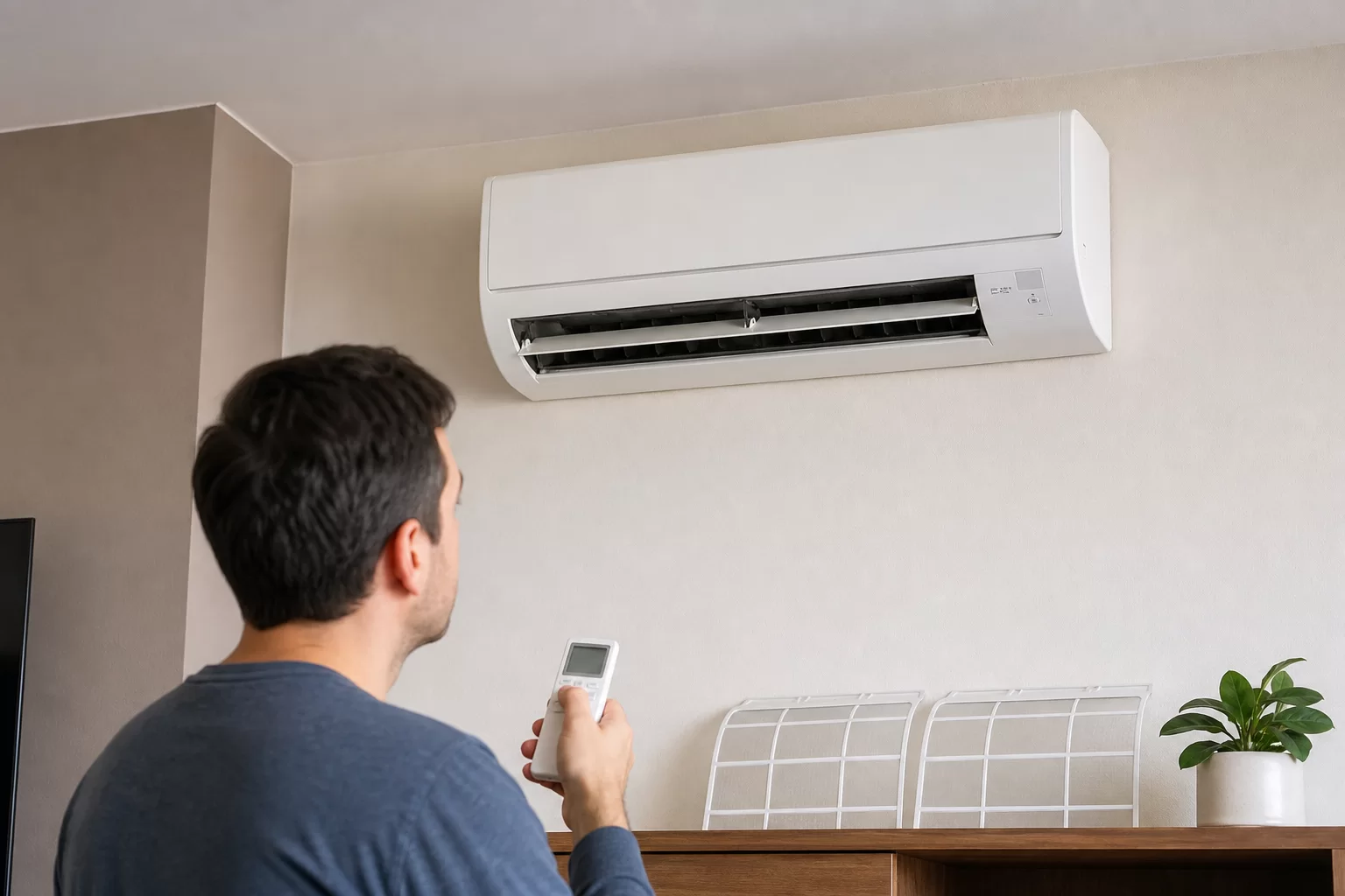 Hava üflemeyen split klimanın iç ünitesi ve yanında kontrol edilen temiz filtreler
