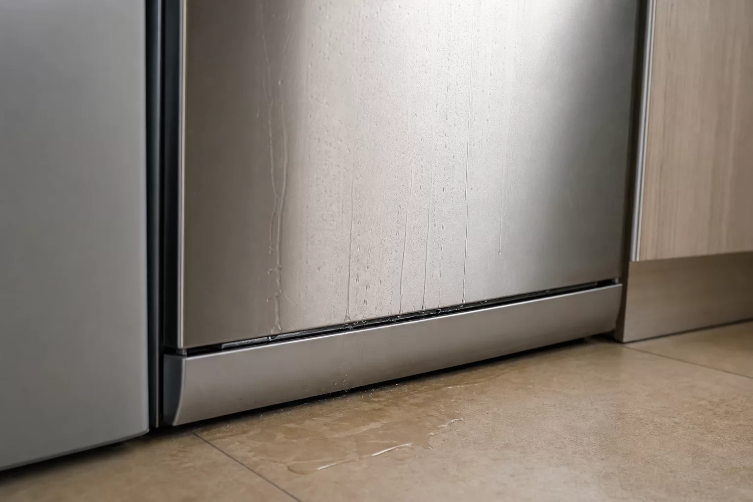 Bulaşık makinesinin kapak altından su sızdırdığı fotogerçekçi görünüm