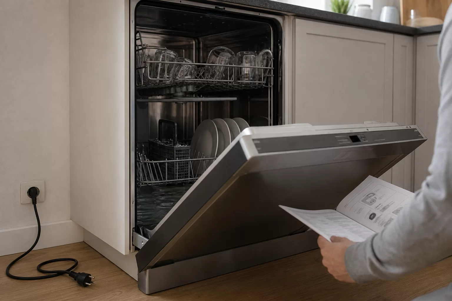 Çalışmayan bulaşık makinesinin kapak açık ve kontrol paneli kapalı halde mutfakta görünümü
